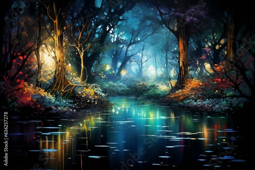 Imaginary woods surrounding a pond  abstract isle  fluorescent illumination reflecting on water. Generative AI