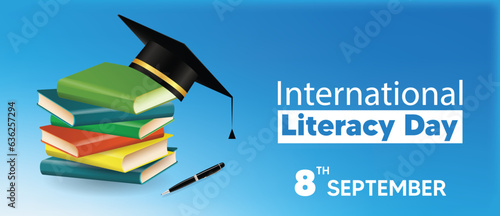 International Literacy Day books graduation cap pen sign of literacy with sky vector poster
