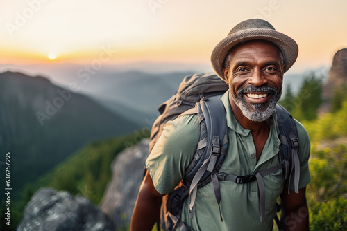 Active retired black man hiking outdoors in mountains in fall