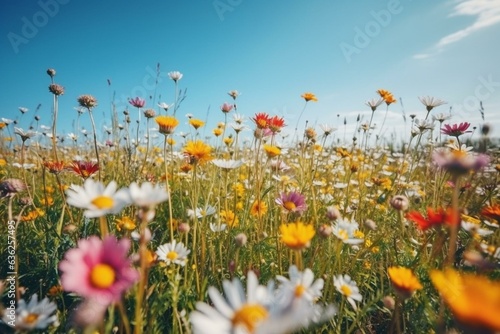 Vibrant spring flower field with daisies and sunflowers against a sunny sky. Copy space and top view. Flat lay. Generative AI