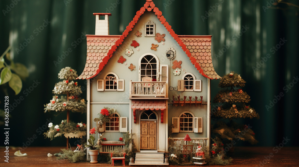 Cute children dollhouse with flowers outside