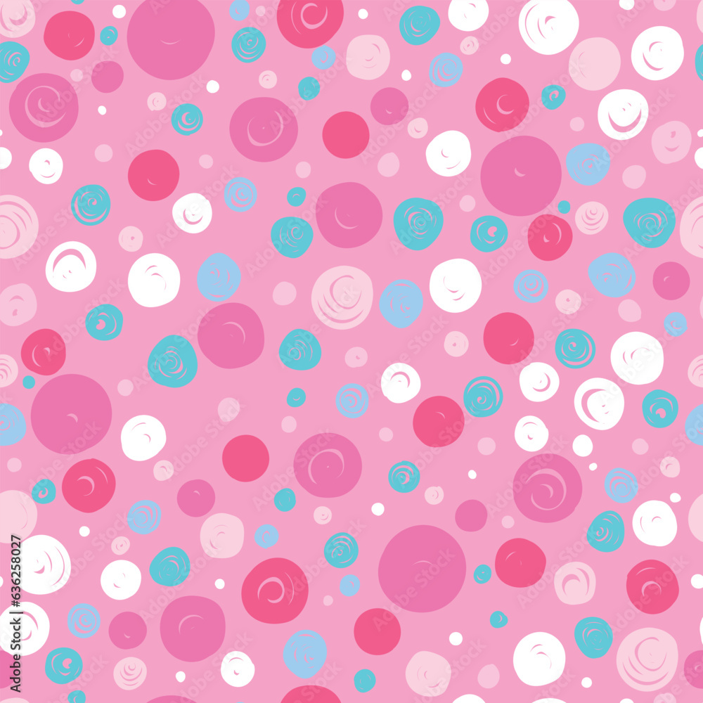 Seamless pattern with coloful polka dots on pink background. Vector