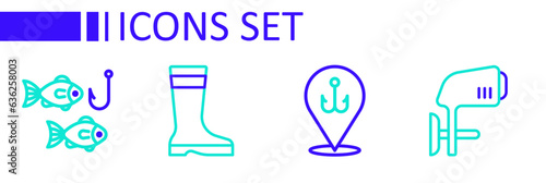 Set line Outboard boat motor, Fishing hook, boots and with fish icon. Vector