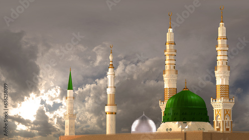 Masjid-e-Nabvi. Happy Eid Milad Un Nabi. Masjid 3d Model of celebrating 12 rabi ul awwal. Birth of Hazrat Muhammad Mustafa SAW 3D Rendering 3d