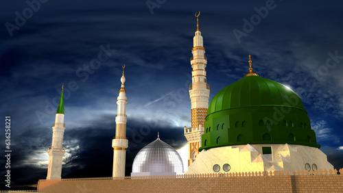 Masjid-e-Nabvi. Happy Eid Milad Un Nabi. Masjid 3d Model of celebrating 12 rabi ul awwal. Birth of Hazrat Muhammad Mustafa SAW 3D Rendering 3d