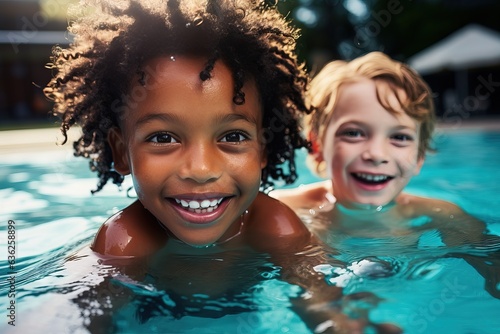 two kids smiling while swimming in a swimming pool, intense close-ups