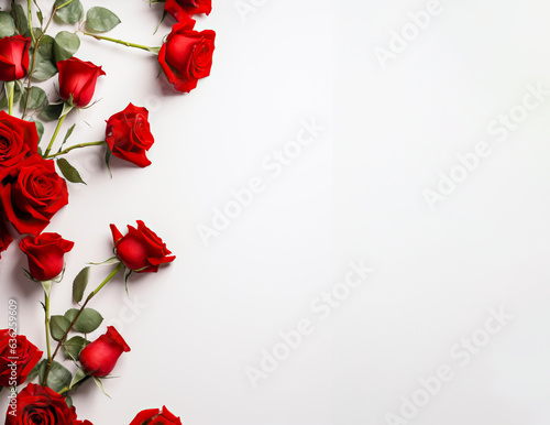 Red Roses isolated on white background to use as a card  greeting or wall art. Copy space.