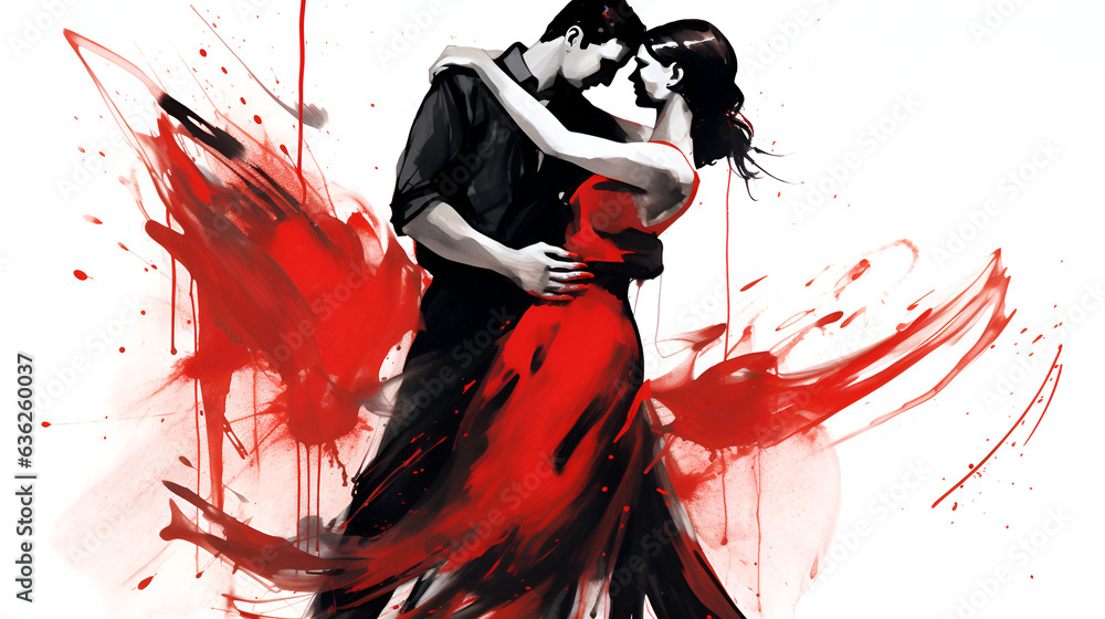 Graphic of Couple in Passionate Tango Dance. Ink Painting in Black and Red. AI generative.  - obrazy, fototapety, plakaty 