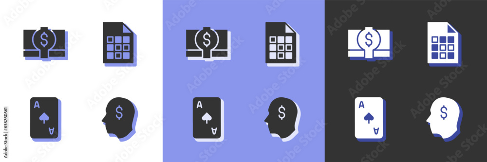 Set Lucky player, Stacks paper money cash, Playing card with spades symbol and Lottery ticket icon. Vector