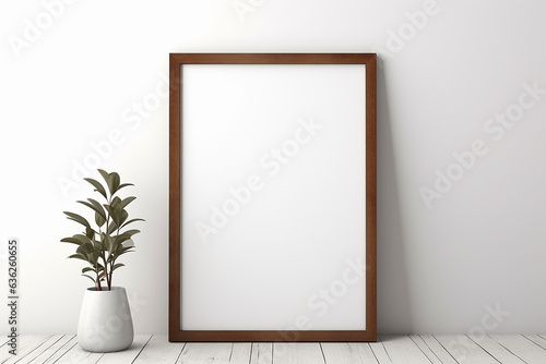 Wooden frame with eucalyptus branches on white background. Flat lay, top view. 