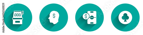 Set Slot machine, Lucky player, Football betting money and Playing card with clubs symbol icon with long shadow. Vector