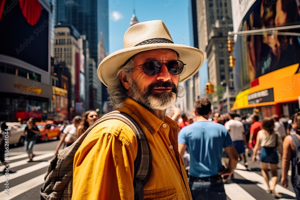 Curious Tourist Exploring Bustling Streets of Vibrant New York. Generative AI