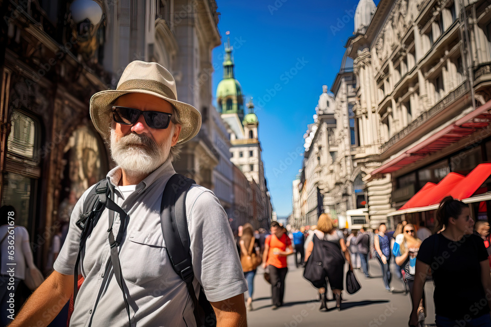  Curious Tourist Exploring Vibrant Streets of Vienna. Generative AI