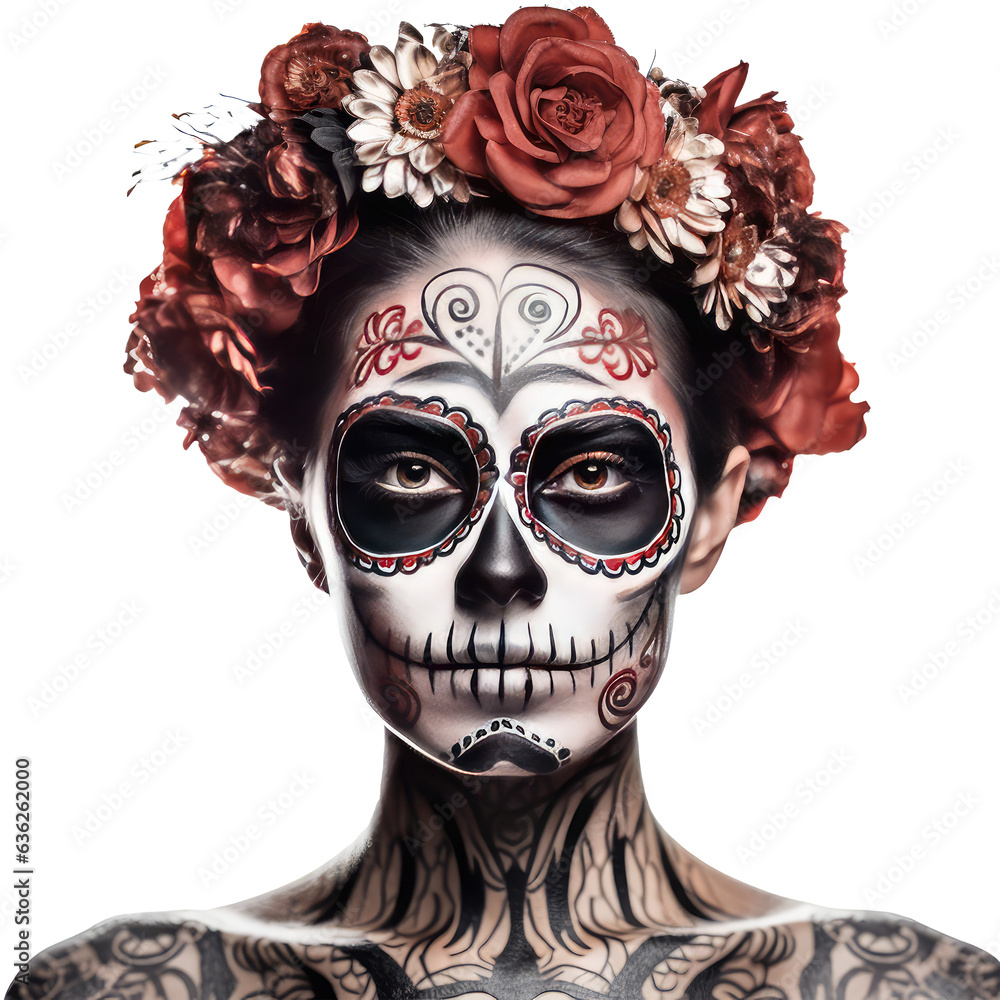 woman with skull makeup isolated on white woman with skull makeup isolated on white
