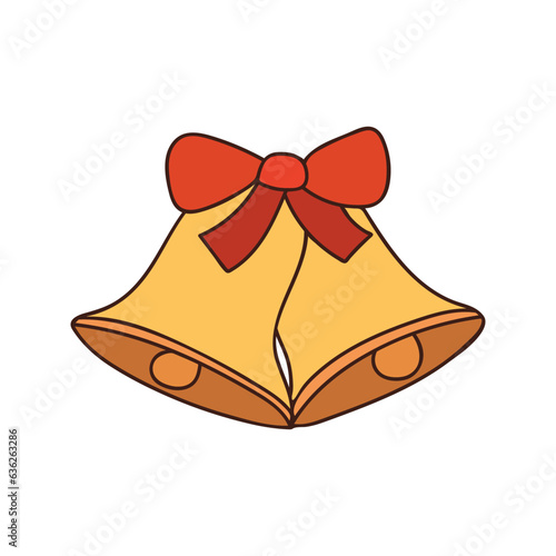 Jingle bells colorful doodle illustration in vector. Christmas bell with ribbon and bow colorful drawn outline icon.