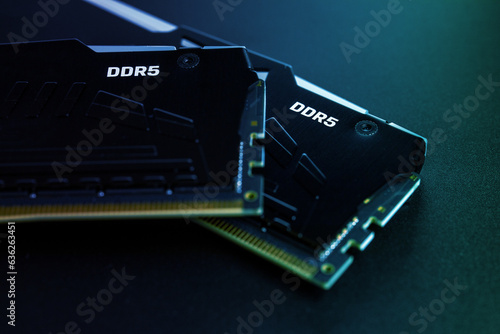 DDR5. Two modern high-performance memory modules DDR5 RGB RAM on a black background photo