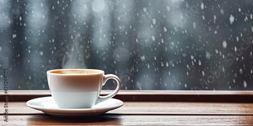 Hot coffee in mug on wooden table during snowfall. Raindrop serenity with steamy cup of espresso