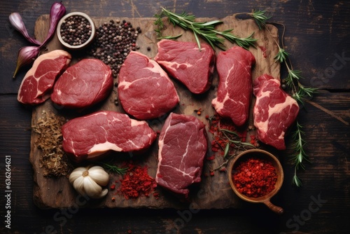 Raw beef on rustic wooden counter top. Overhead view.