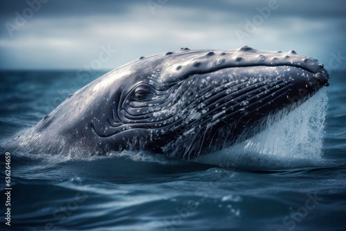 Blue whale or blue fin whale, jumping over the sea. Generative AI. © Agustin