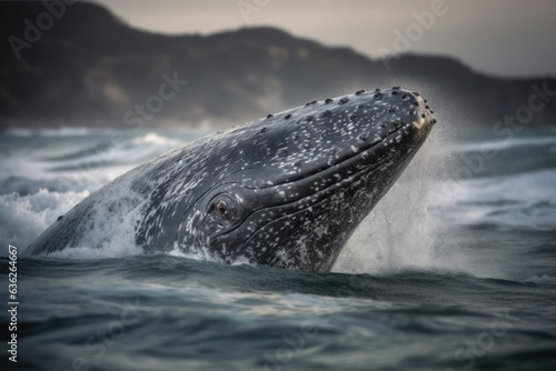 Humpback whale jumping over the sea. Generative AI. © Agustin