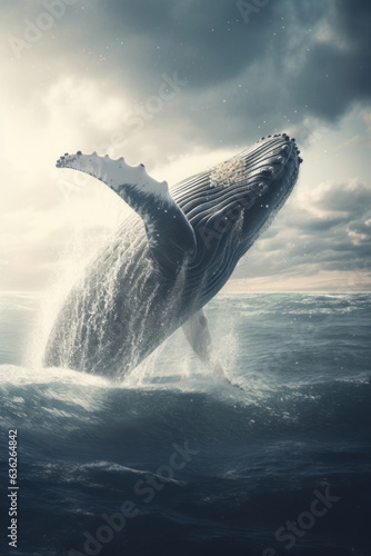 Humpback whale jumping over the sea. Generative AI.