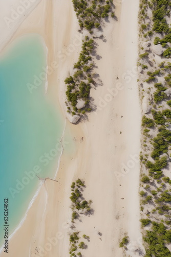an aerial view of a beach with blue water. Generative AI