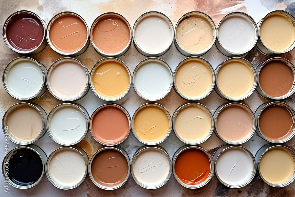 top view of open neutral color cans with paint on a light background, top view of open neutral color cans with paint on a light background,