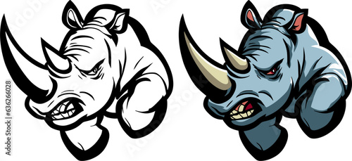 angry running gray rhinoceros, color vector illustration