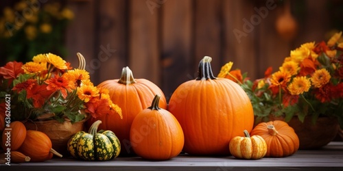 AI Generated autumn pumpkin with maple leaves over wooden table background. Thanksgiving harvest design concept