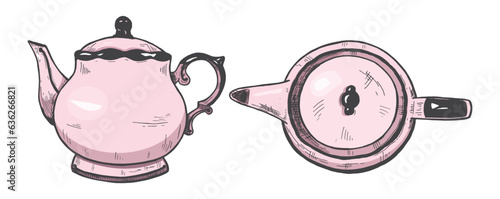 pink teapot vector sketch. kettle top view vector