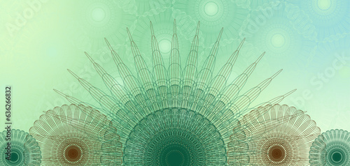 blue and green guilloche background with rosettes