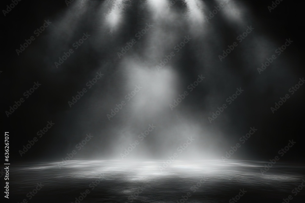 Lights shine on stage with clouds of smoke. Captivating abstract stage design