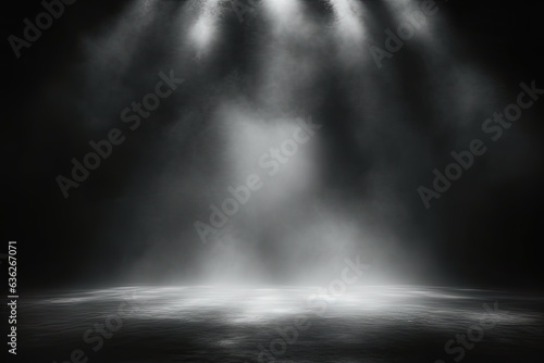 Lights shine on stage with clouds of smoke. Captivating abstract stage design