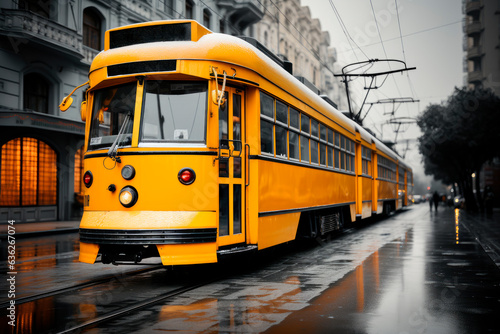 A glossy yellow retro tram traverses empty street of a town