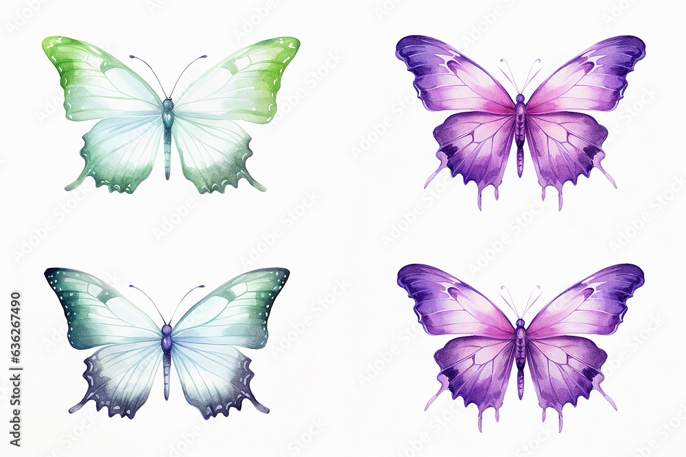 set butterfly on a white background. Butterflies design. Butterflies collection. Watercolor illustration. Isolated on white background.