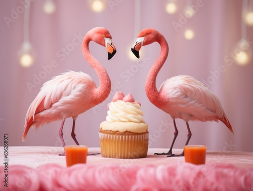 Minimal concept of two pink flamingos sitting at the table with birthday cake in minimal pastel pink living room