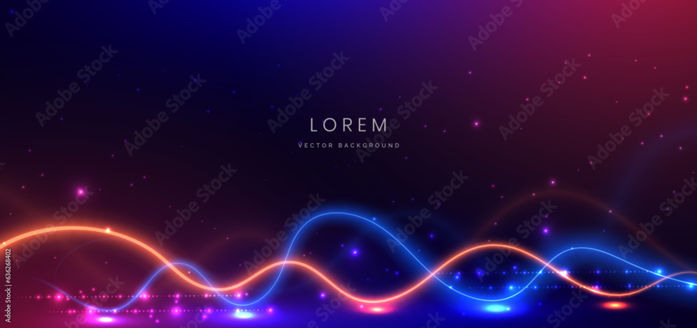 Abstract technology futuristic horizontal curved lines neon blue and orange light ray on dark blue background with lighting effect.
