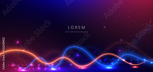 Abstract technology futuristic horizontal curved lines neon blue and orange light ray on dark blue background with lighting effect.