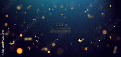 Golden confetti banner and ribbon on dark background and bokeh. Celebration party happy concept.