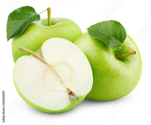 Group of ripe green apple fruits with apple half without seeds and green leaf isolated on transparent background.
