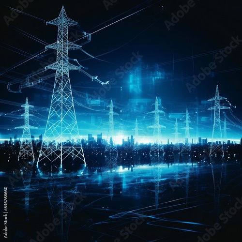 Industrial landscape concept with blue power lines in dark blue background. High Voltage transfer towers across a field. 3D render illustration