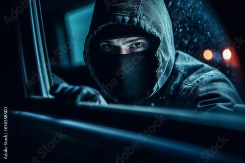 Thief wearing balaclava tries to break into a car at night. Car thief is trying to break into and get inside the car to steal. Generative AI