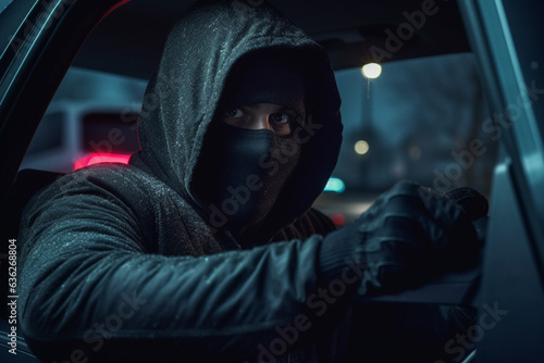 Thief in a balaclava sits in a car and watches the object of the robbery at night. Robber in a balaclava and gloves sits in a car and waits for the time to break in. Generative AI