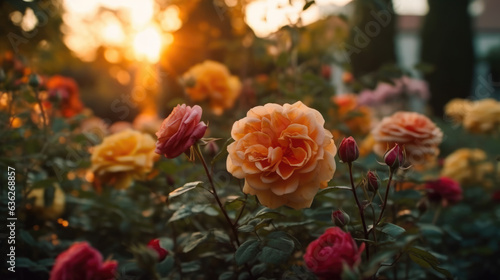Colorful roses blooming in the garden at sunset. Nature background.