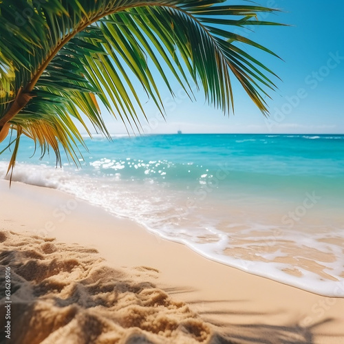 Sandy tropical beach with a palm tree branch. Blue sky summer relax concept. 3D render illustration © Nick