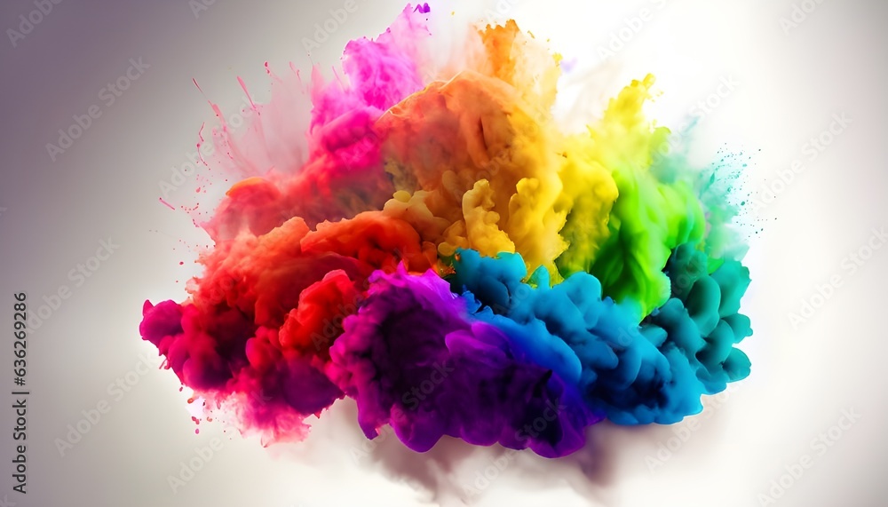 Colorful rainbow cloud explosion on white background. Paint puff of smoke abstract splatter art