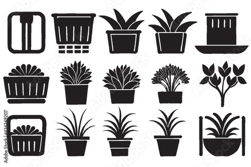 A Collection of Garden Vector Icons Featuring Seed in Soil, Flower Pot, and Black Silhouetted Growth Elements, Isolated on a White Background.