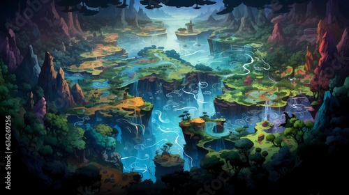 Game Map, Board Game Digital Board, Top View.forests and floating lands.Concept Art Scenery. Book Illustration. Video Game Scene. Serious Digital Painting. CG Artwork Background. Generative AI.
