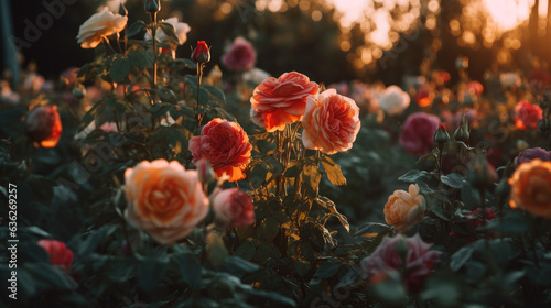 Colorful roses blooming in the garden at sunset. Nature background. © Matthew