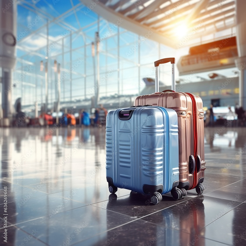Suitcases left in terminal, travel concept, vacations, nostalgia, connecting people. 3d render illustration.